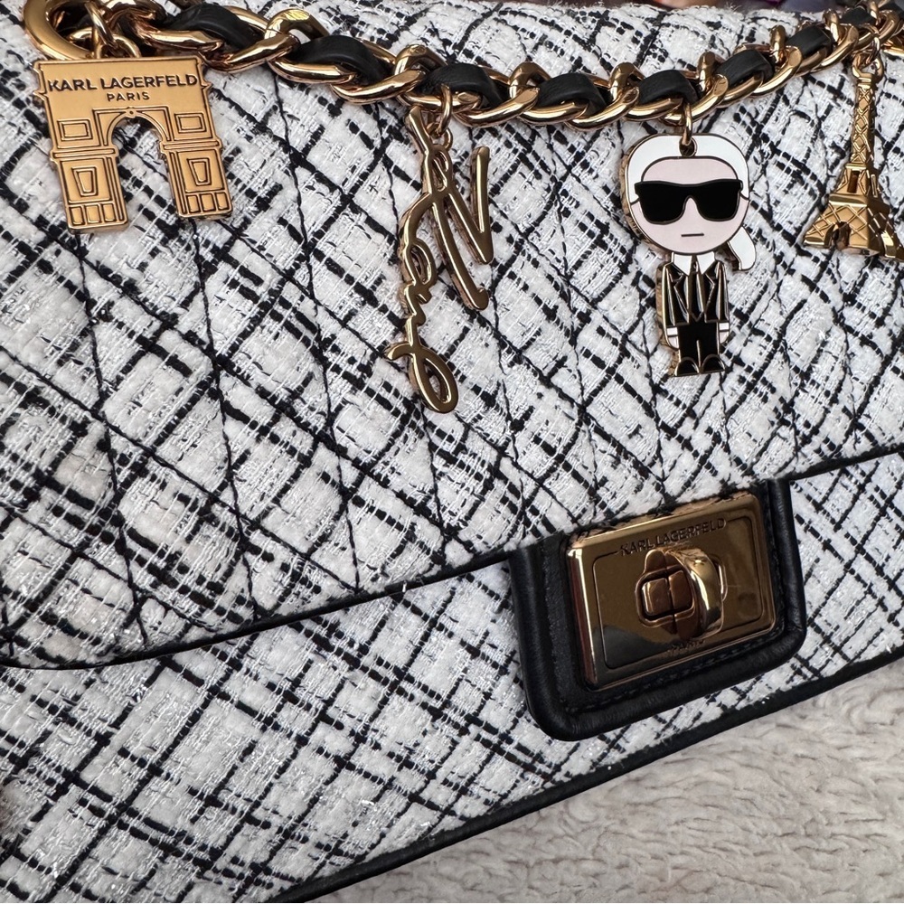 Karl Lagerfeld preppy Tweed quilted golden pins embellished fall crossbody bag - Picture 3 of 9